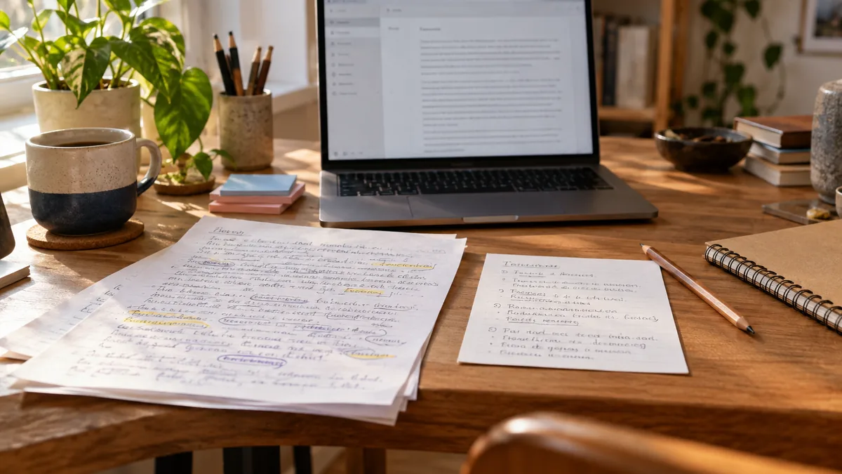 Long draft and short summary card beside a laptop on a desk