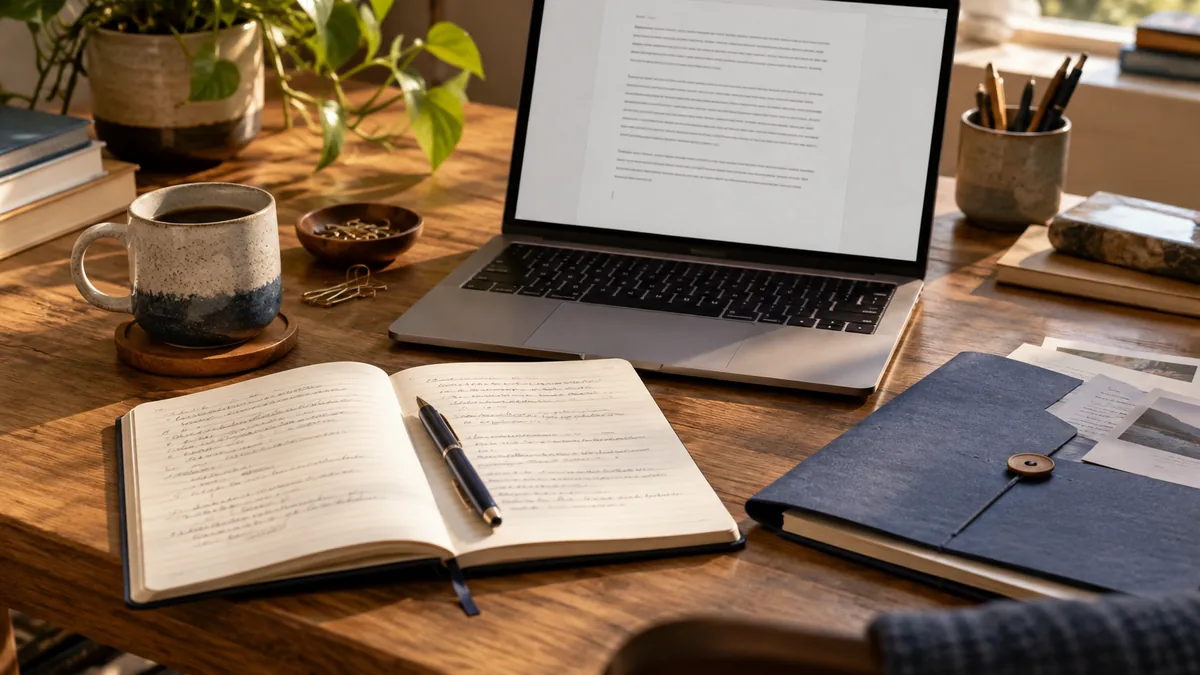Notebook, paper folder and laptop in a practical writing workspace