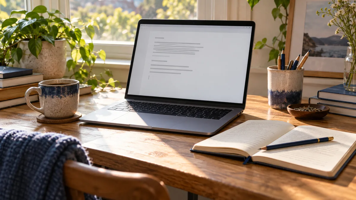 Laptop and paper notebook on a sunlit wooden desk