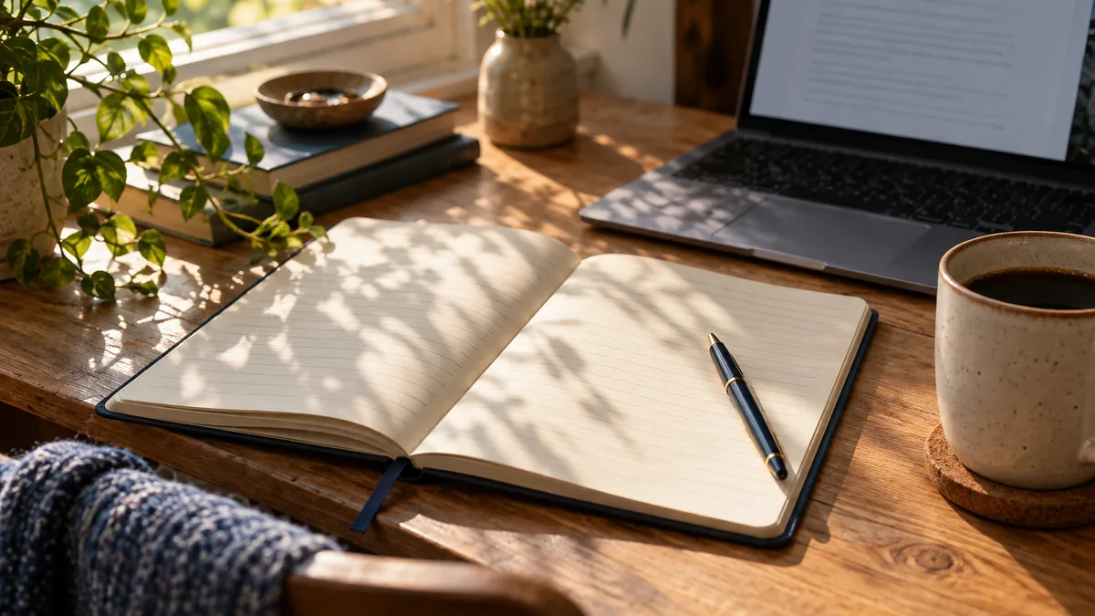 Open journal and mug in soft morning light beside a laptop