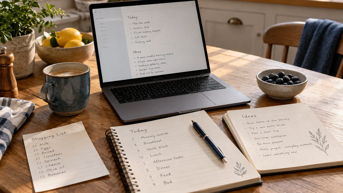 Shopping list, daily planner and notebook beside a laptop