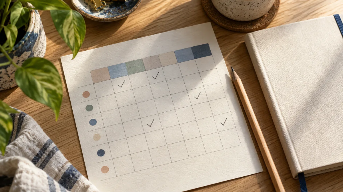 Paper habit grid with a few checked squares beside a pencil