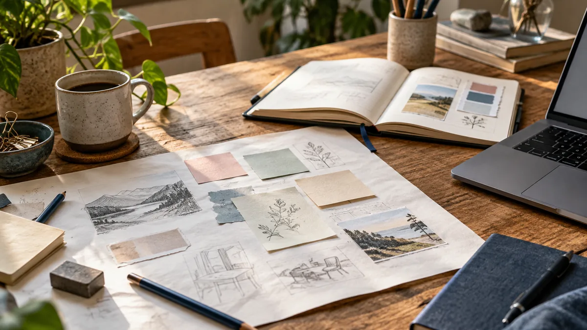 Loose sticky notes and pencil sketches on a creative worktable