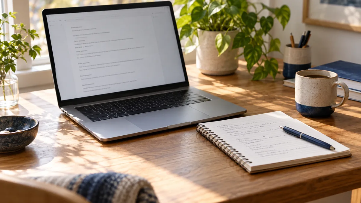 Laptop with an illustrative note screen beside a paper notepad